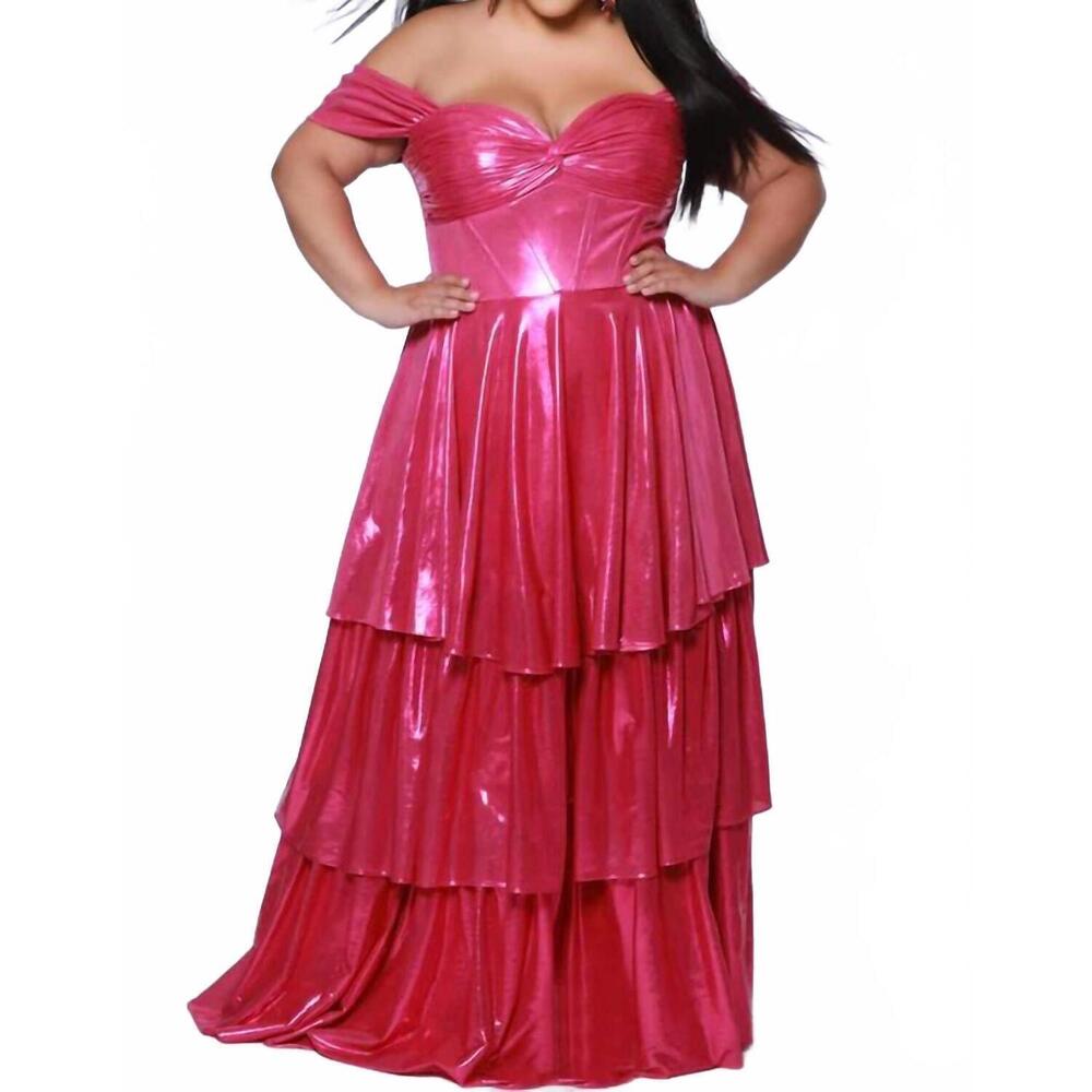 NEW SYDNEY'S CLOSET metallic stretch knit rutched bodice dress in fuchsia